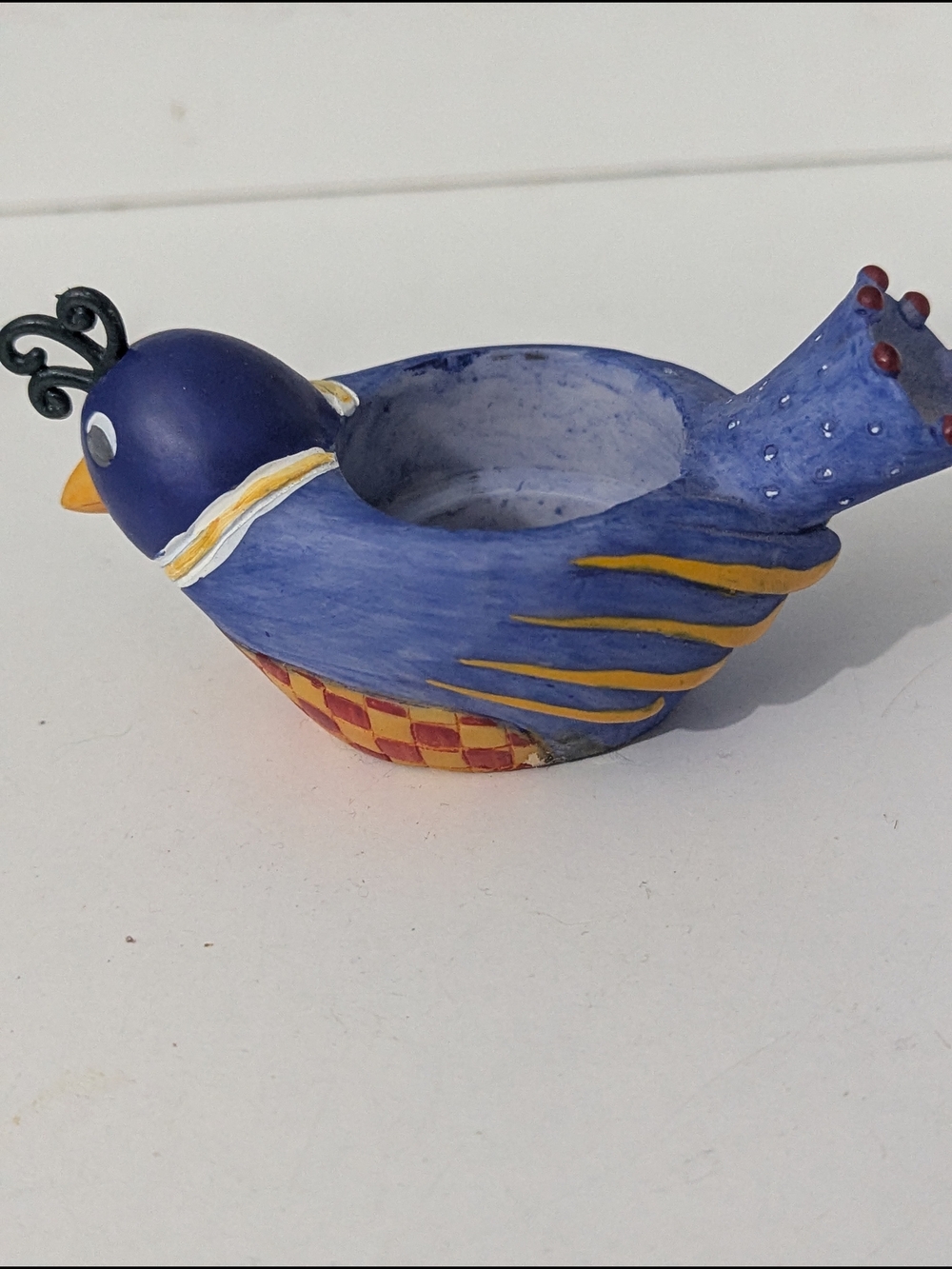 Whimsical Handpainted Decorative Blue Bird Tealight Holder Checkerboard Detail - Picture 10 of 11